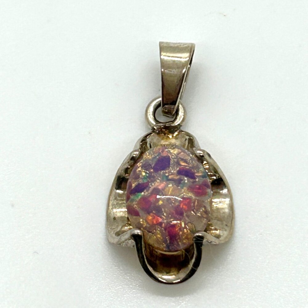 Vintage 925 Sterling Silver Pendant Confetti Faux Opal Boho Mexico 8.44 Grams - Picture 3 of 13